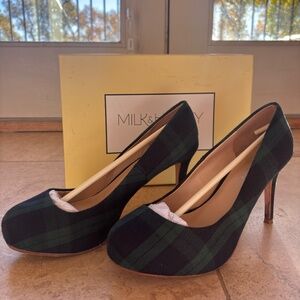 Milk & Honey Custom Tartan Heels – Navy Blue & Forest Green, Size 38.5 US 7.5–8